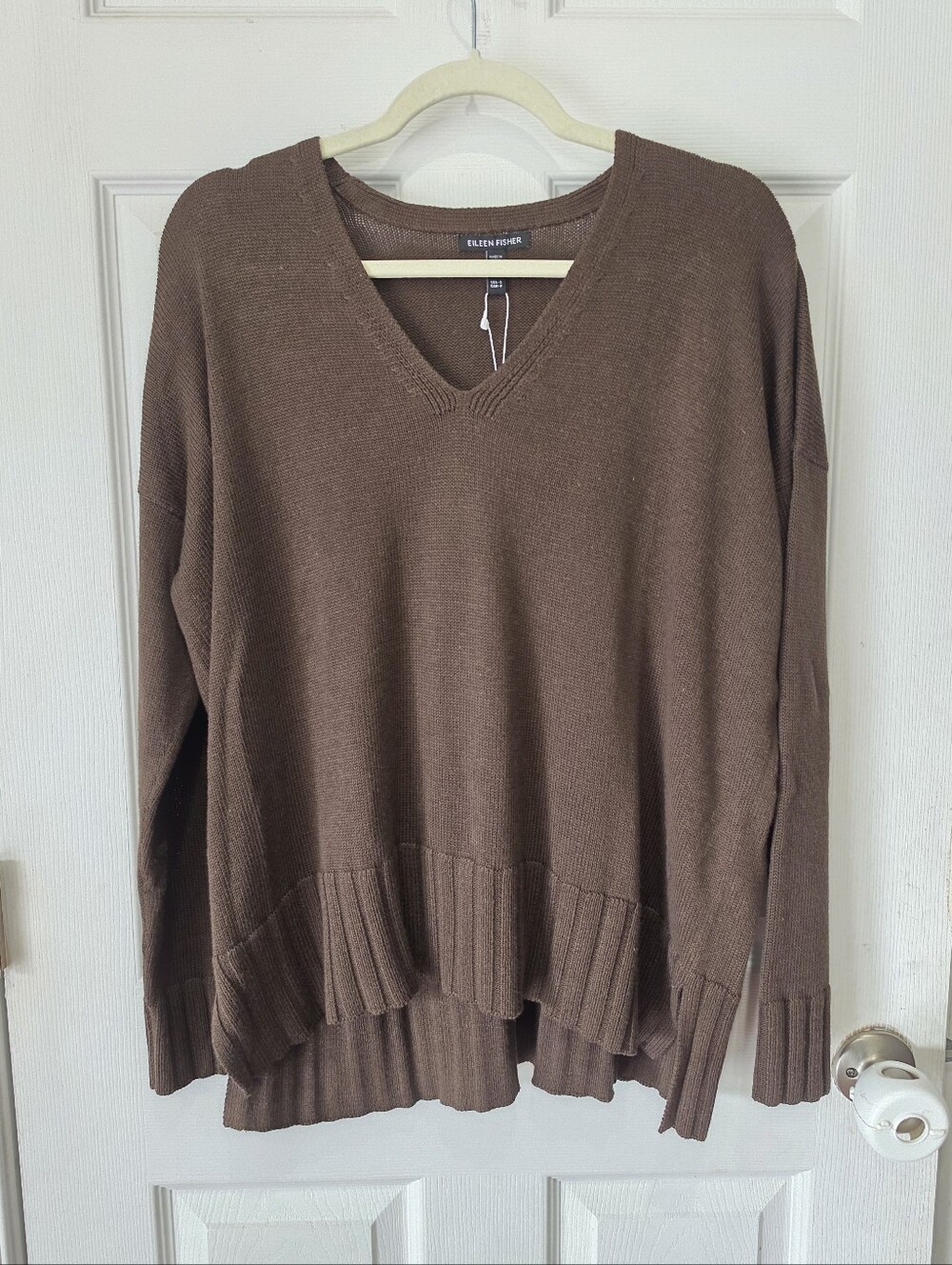 Eileen Fisher Chocolate Brown V-Neck Relaxed Knit Sweater Size Small NWat
